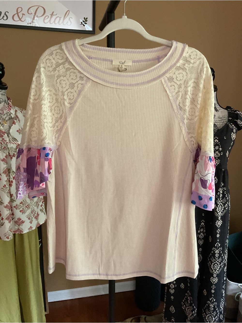Easel Cream Top with Lavender Trim & Floral Ruffle Sleeves